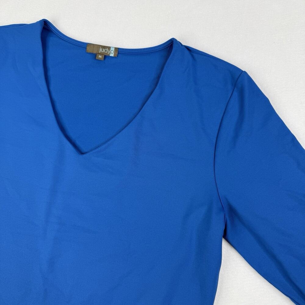 Judy P Top Blouse Blue Womens M Microfiber Stretch 3/4 Sleeve V Neck USA